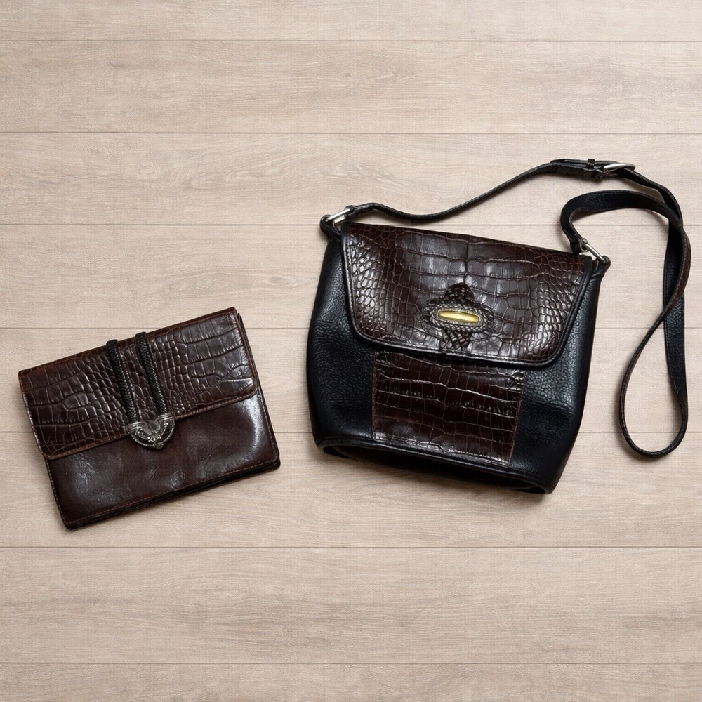 Vtg‎ Brighton Leather Croc Embossed Crossbody Purse & Wallet Set Brown Black